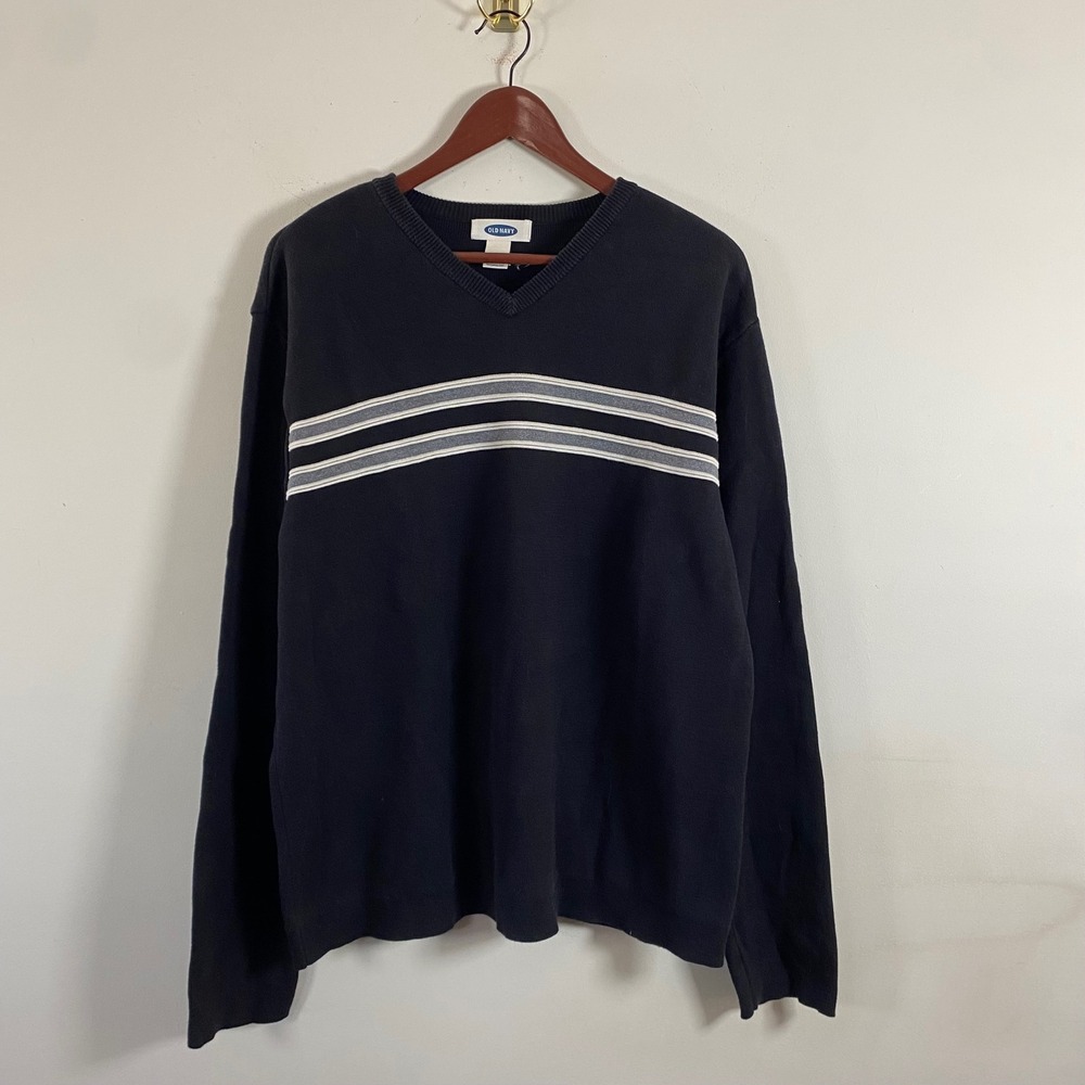 Old Navy Knit V-Neck Black Sweater White Gray Stripes Men's XL Cotton Grunge - Picture 2 of 6